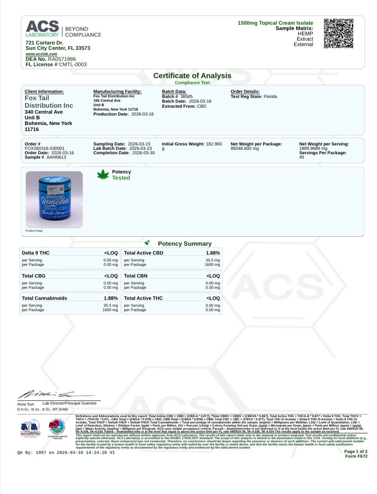 Natural Remedies Crema Tópica de CBD 1500mg 0.00% THC