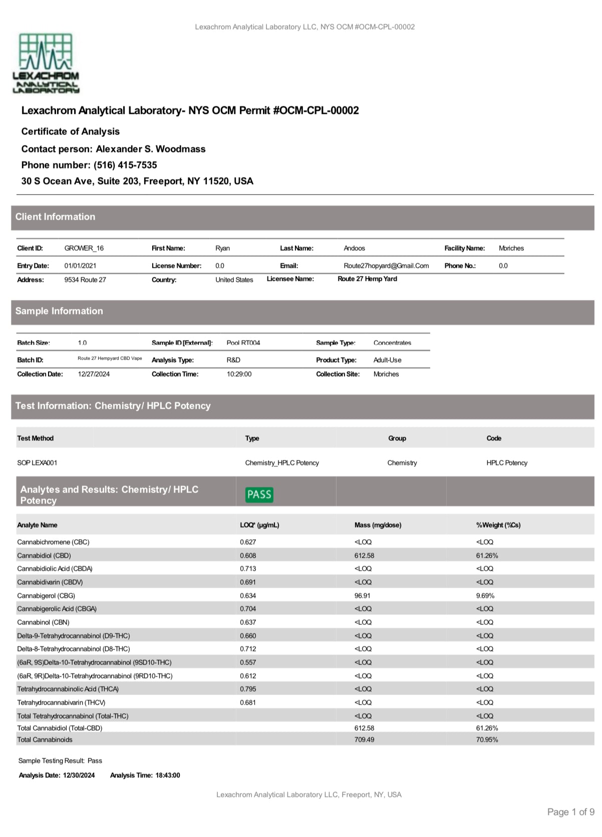 Route 27 CBD Vape Cartridge - 1g