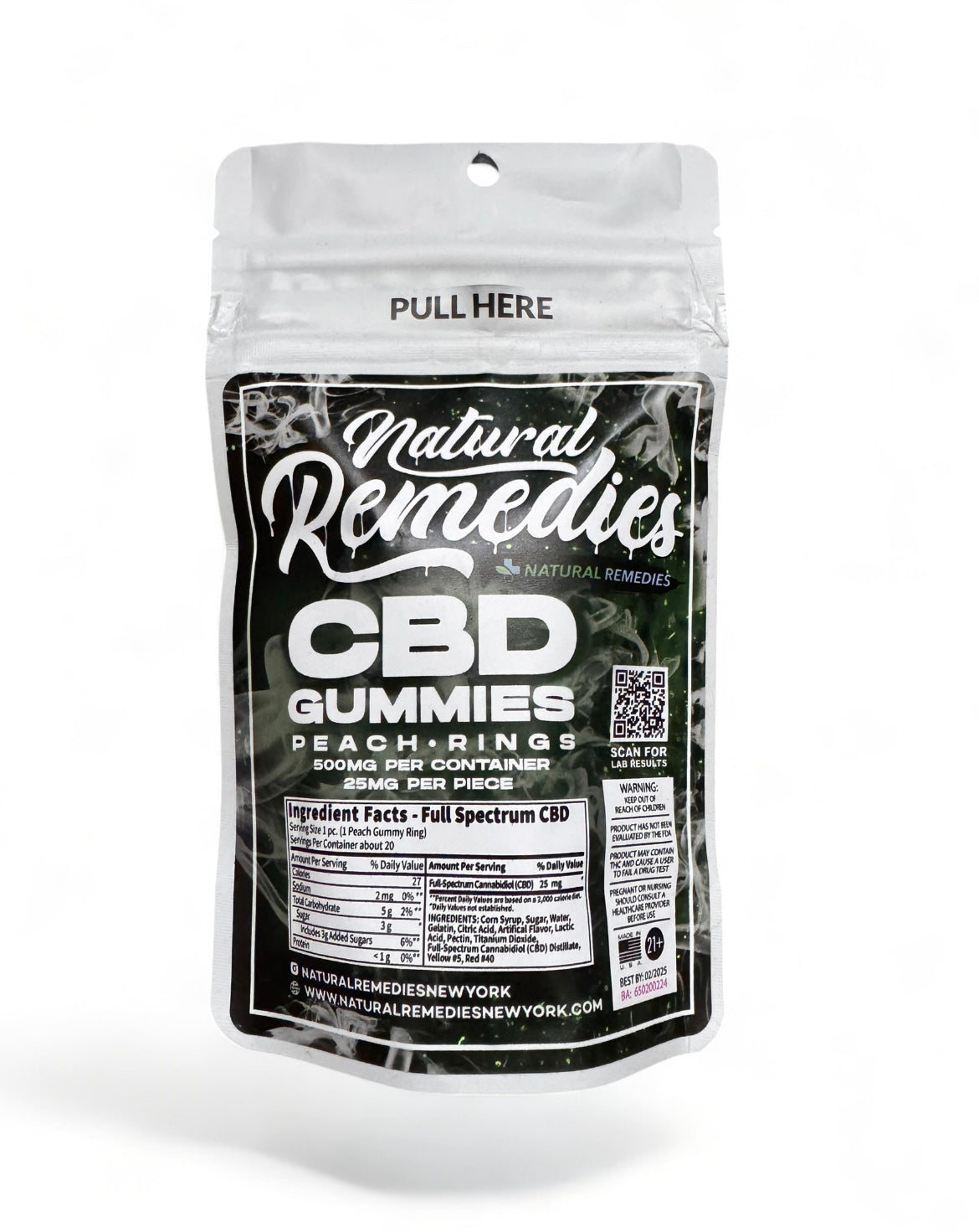 Natural Remedies Full Spectrum CBD Gummies - Peach Rings 500mg Per Bag - 25mg CBD Per Piece