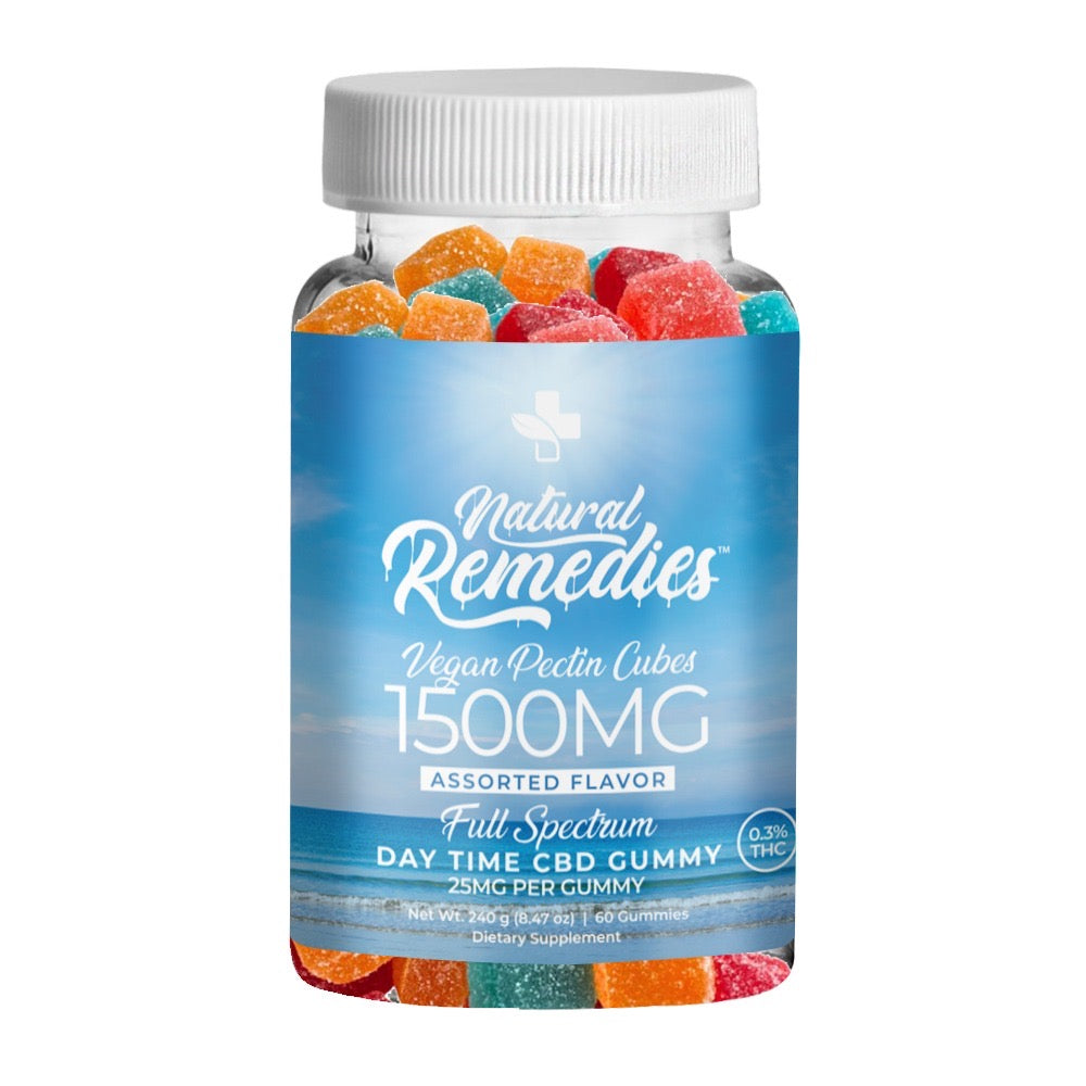 Natural Remedies 1500mg CBD Daytime Gummy - 25mg CBD Each - Full Spectrum <0.3% THC - Vegan Pectin Gummies - 60 Count Jar
