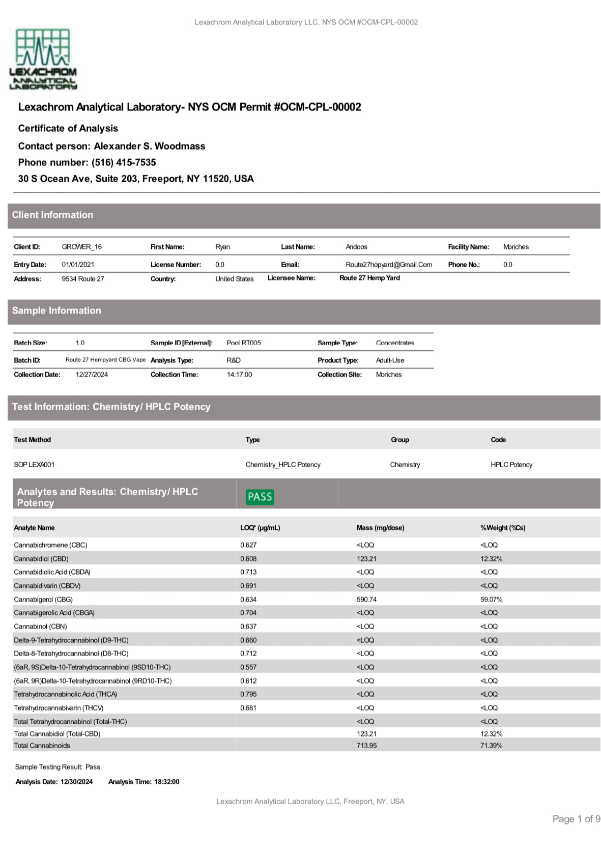 Route 27 CBG Vape Cartridge - 1g