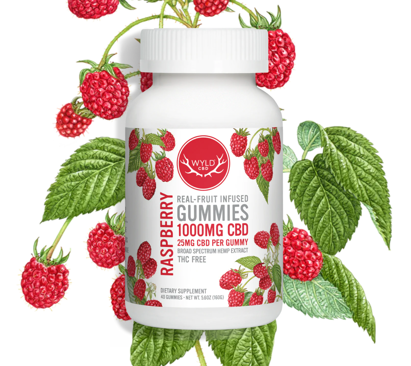 Wyld CBD Raspberry Gummies - 25mg Each THC Free Broad Spectrum - 40 Count