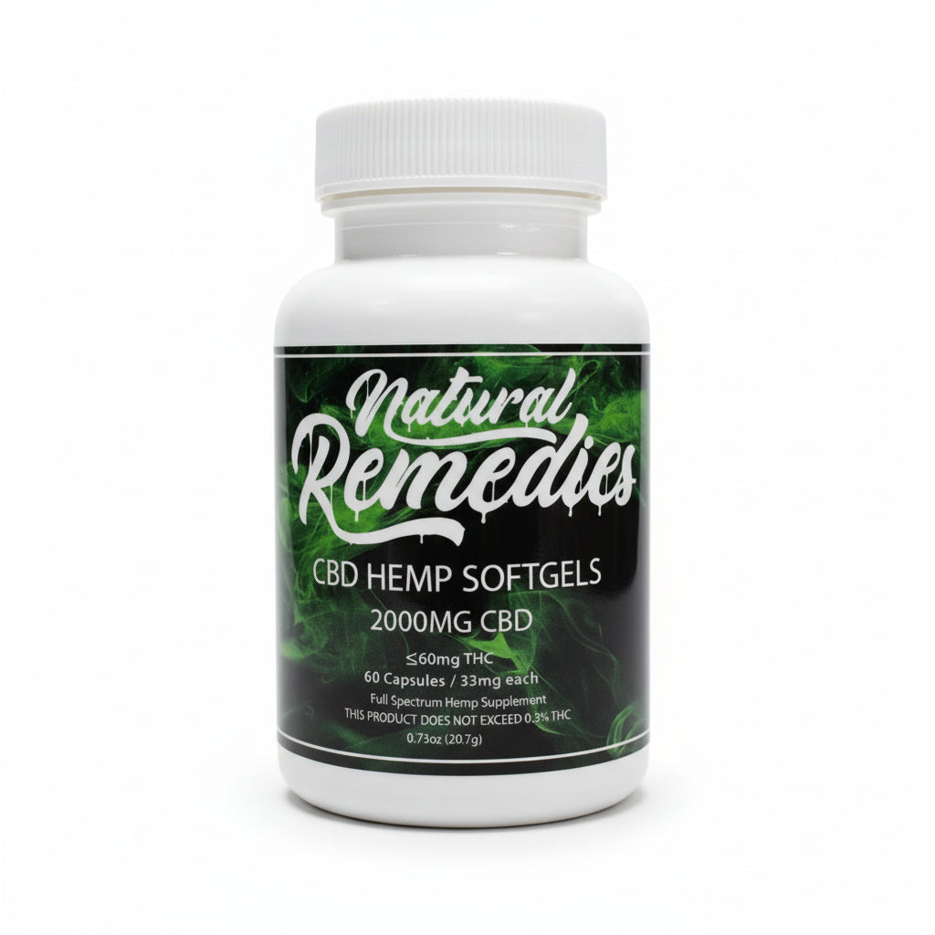 Cápsulas blandas de CBD de Natural Remedies - 60 unidades/33mg cada una - 2000mg de espectro completo <0.3% THC