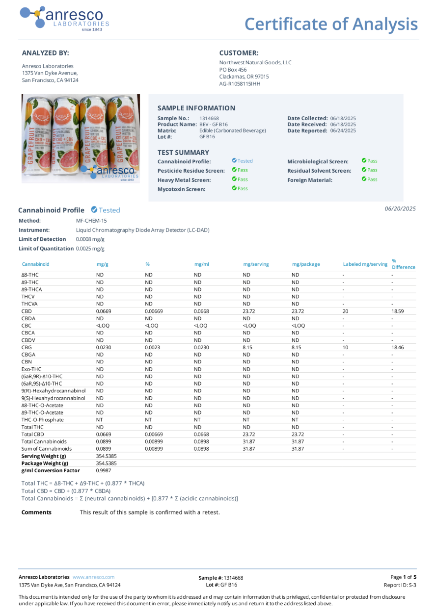 Wyld Grapefruit Sparkling Water - 20mg CBD + 10mg CBG - 0.00% THC (THC FREE)