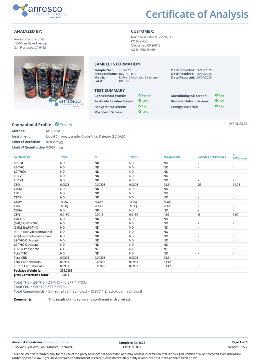 Wyld Blueberry Pomegranate Sparkling Water “Night time” - 25mg CBD + 5mg CBN 0.00% THC (THC FREE)