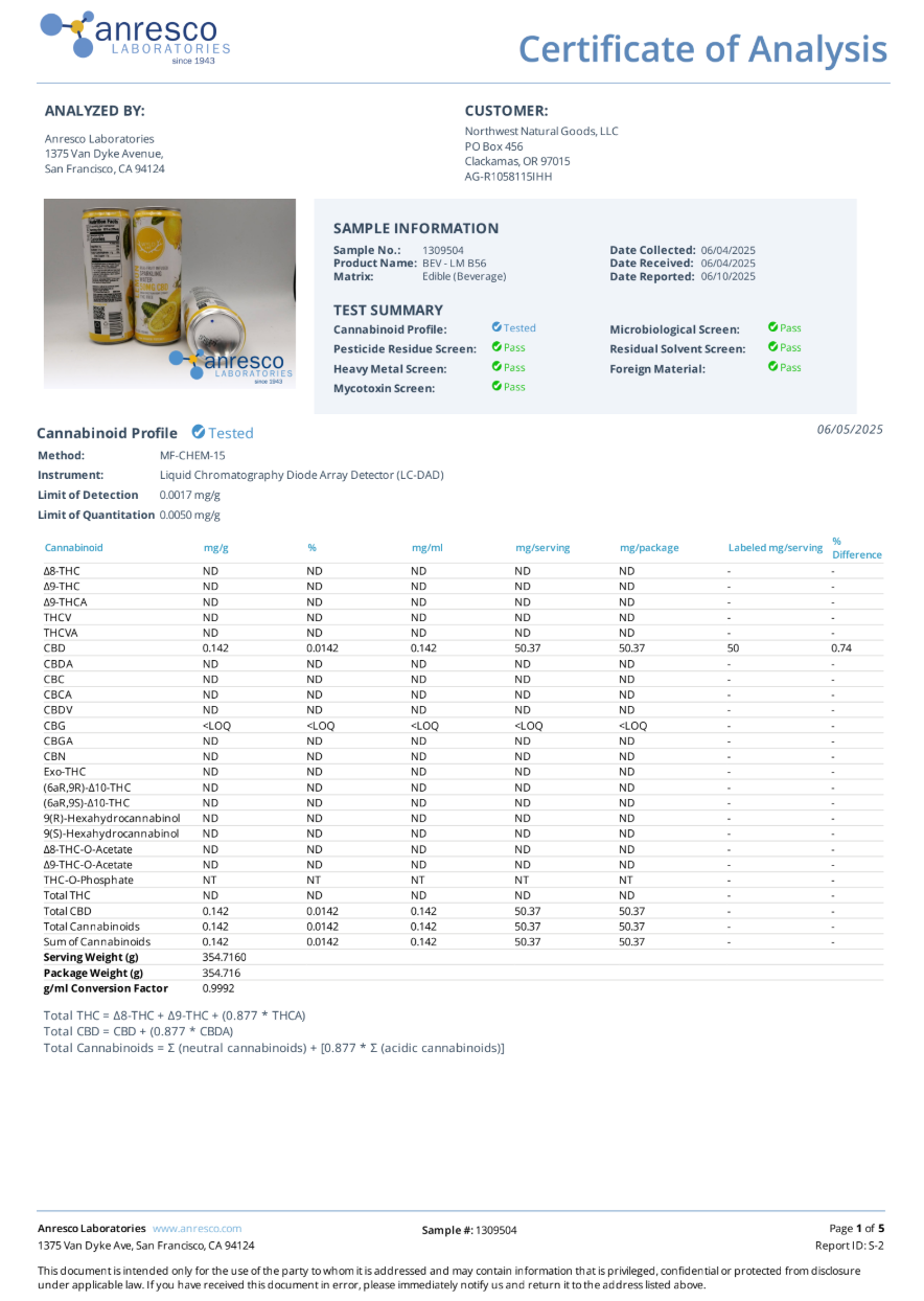Wyld Lemon Sparkling Water - 50mg CBD 0.00% THC (THC FREE)