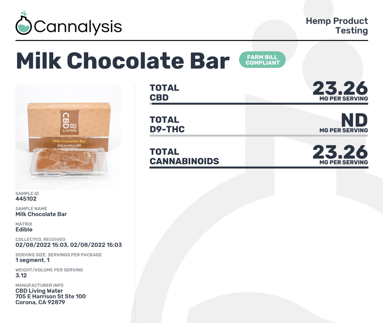 CBD Living Milk Chocolate Bar Product Testing