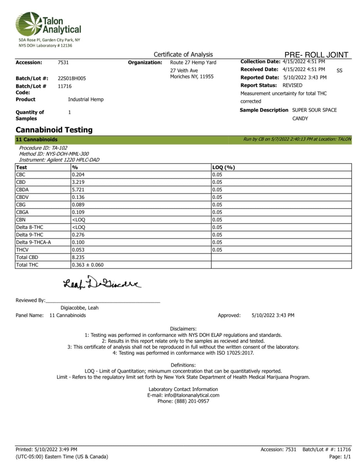 Natural Remedies Pre Roll Premium Pre Roll 3 Joint Certificate of Analysis