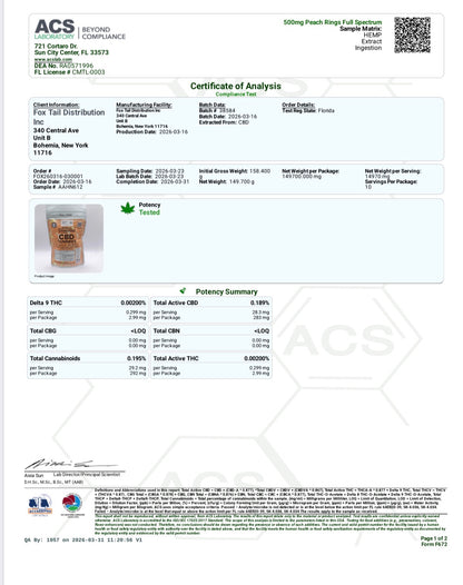 Gomitas de CBD de espectro completo Natural Remedies - Aros de durazno 500mg por bolsa - 25mg de CBD por pieza