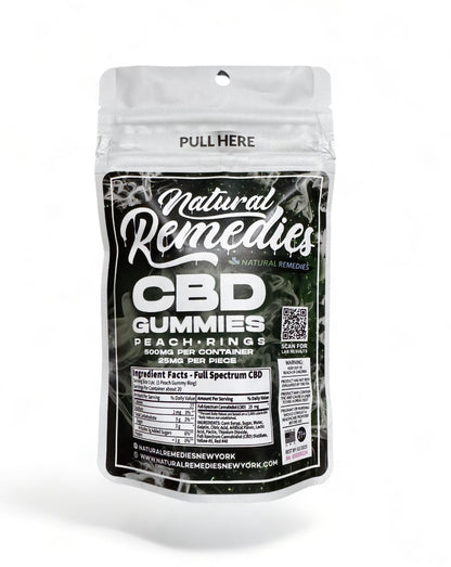 Gomitas de CBD de espectro completo Natural Remedies - Aros de durazno 500mg por bolsa - 25mg de CBD por pieza