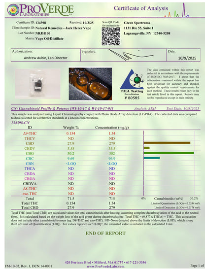 Cartucho desechable para vapeador Natural Remedies Sativa CBD/CBDv/CBC/CBG Elevador + Energía - 1g <0.3% THC