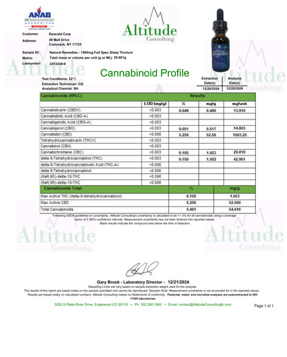 Tintura de CBD de espectro completo orgánico Natural Remedies 1500mg "Sueño" melatonina y manzanilla 30ml <0.3% THC