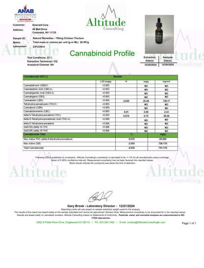 Natural Remedies 750mg Pets "Pollo" Tintura de CBD Orgánica de Espectro Completo 30ml