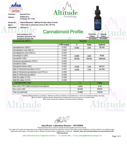 Natural Remedies Tintura de CBD de Espectro Completo Ecológico 3000mg "Sueño" Melatonina Manzanilla 30ml <0.3% THC