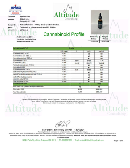 Natural Remedies 3000mg Tintura CBD Orgánica de Amplio Espectro 30ml 0,00% THC