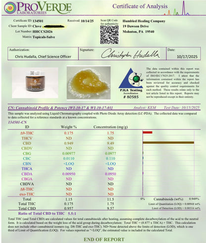 Ungüento de cáñamo curativo Humbled - Clavo - 2.4oz - 500mg