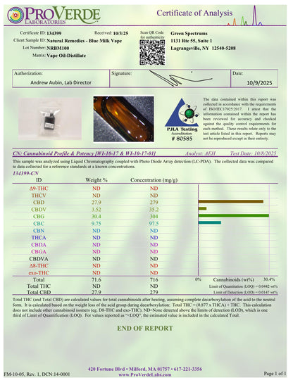 Cartucho de vape desechable Natural Remedies Híbrido CBD/CBDv/CBC/CBG Elevación + Energía - 1g - 0.00% THC
