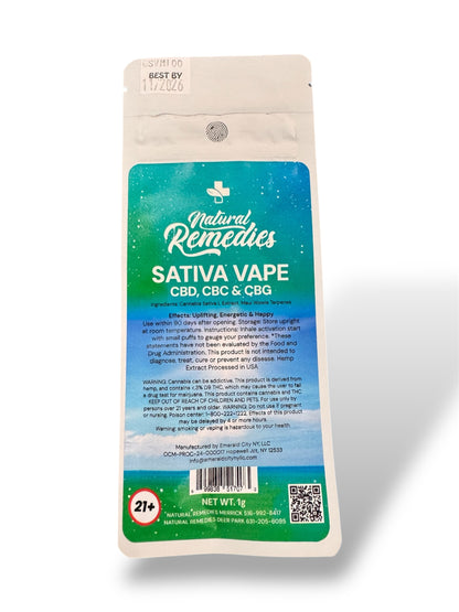 Sativa CBD/CBC/CBG Uplifting + Energy Disposable Vape Cartridge - 1g Natural Remedies New York Sativa CBD/CBC/CBG Uplifting + Energy Disposable Vape Cartridge - 1g Natural Remedies New York