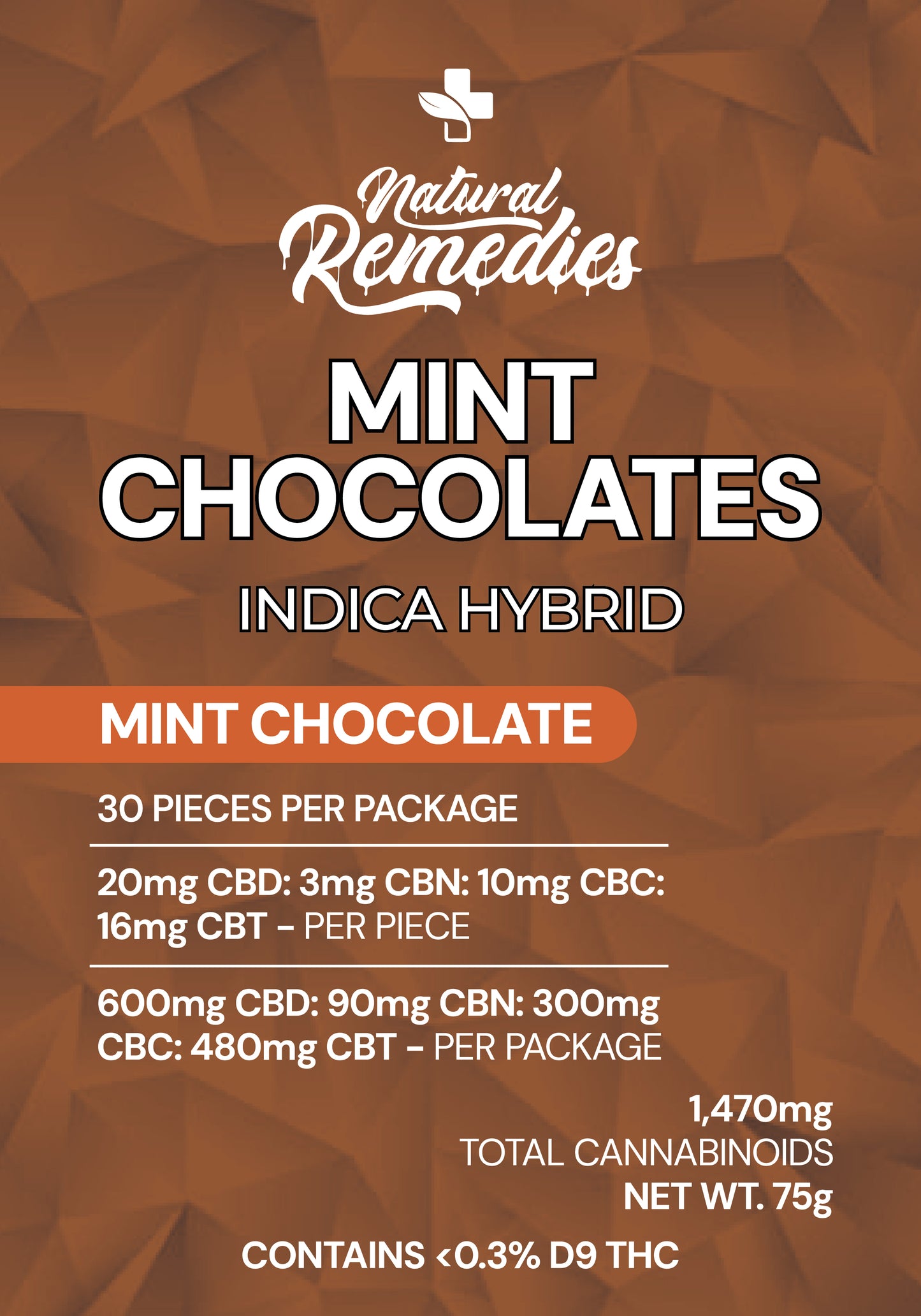 Natural Remedies Mint Chocolate Squares- Indica/Hybrid - 30 Count Full Spectrum - 1470mg Total