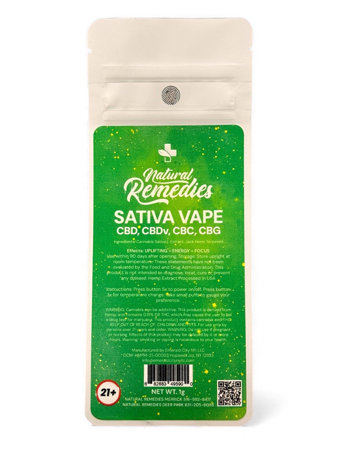 Natural Remedies Sativa CBD/CBDv/CBC/CBG Uplifting + Energy Disposable Vape Cartridge - 1g <0.3% THC