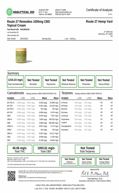 Ungüento tópico de cáñamo CBD Route 27 - Espectro completo - 1000mg