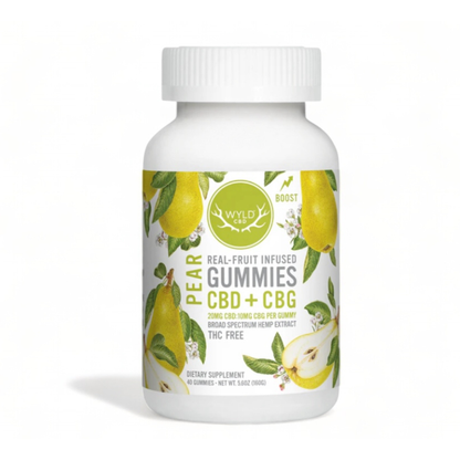 Gomitas de pera Wyld CBD + CBG - 25mg CBD cada una de amplio espectro - 40 unidades - 0.00% (SIN THC)