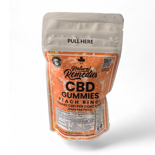 Natural Remedies Full Spectrum CBD Gummies - Peach Rings 500mg Per Bag - 25mg CBD Per Piece