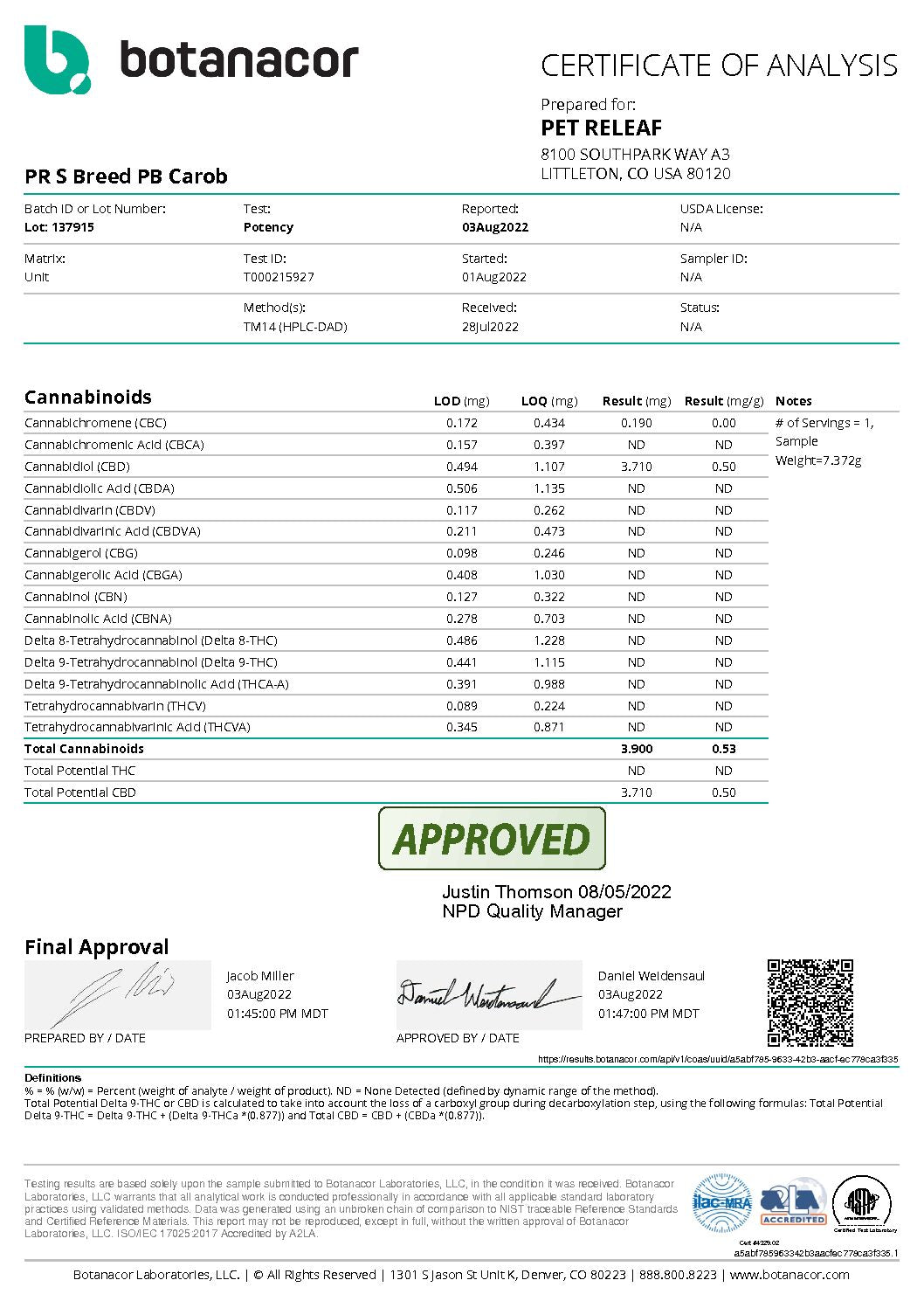 Pet Releaf Peanut Butter and Carob Small/Medium Breed Certificate of Analysis