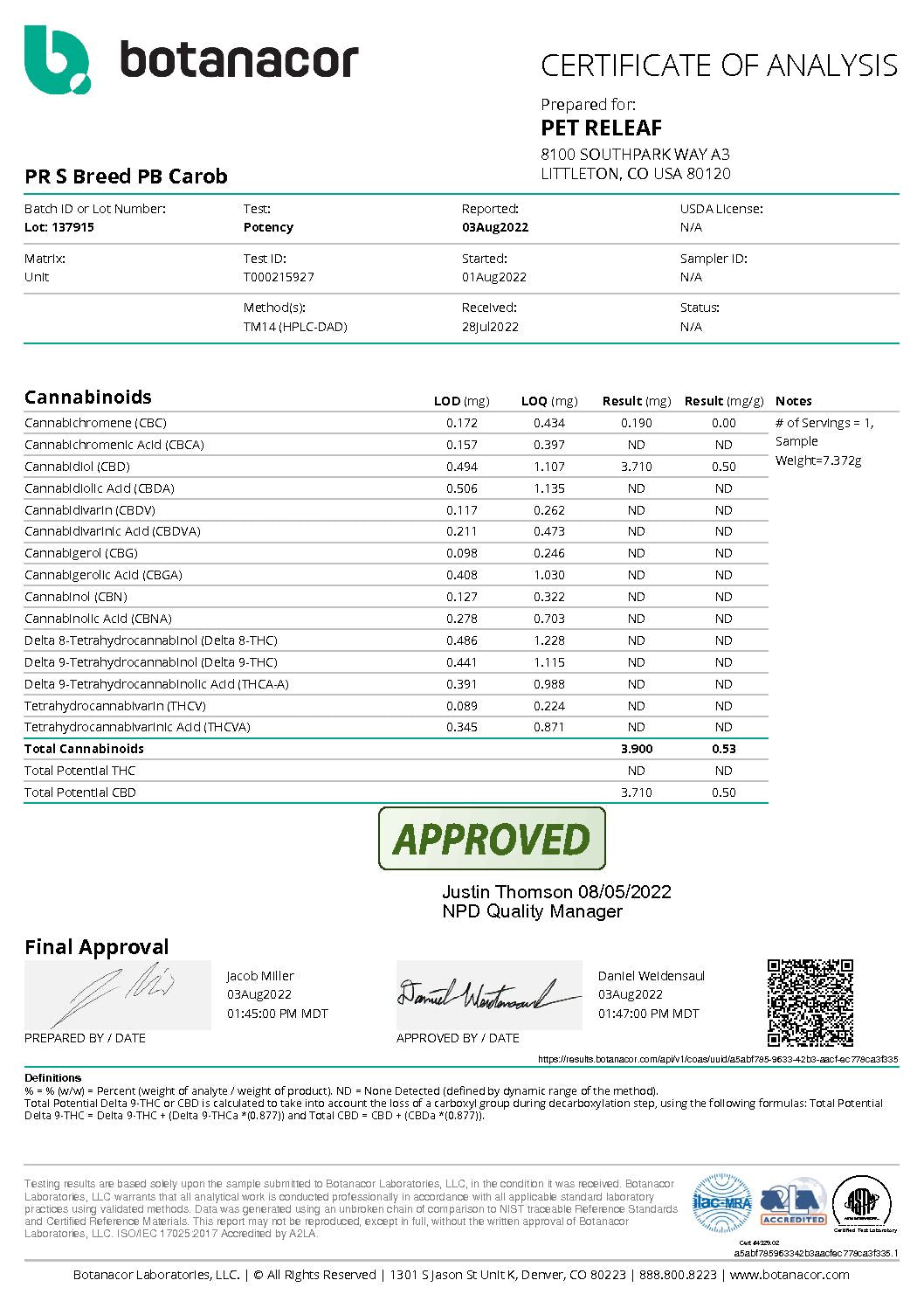 Pet Releaf Peanut Butter and Carob Large Breed Certificate of Analysis