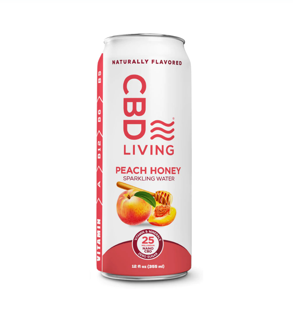 Can of CBD Living Peach Honey Sparkling Water Drink