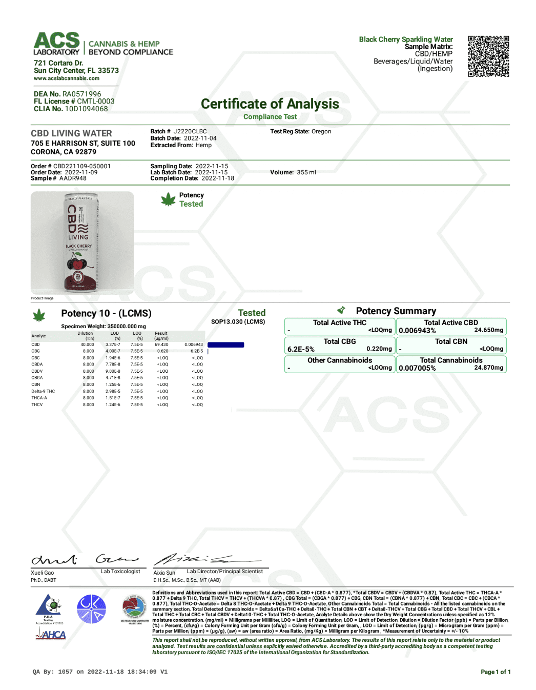 CBD Living Black Cherry Certificate of Analysis