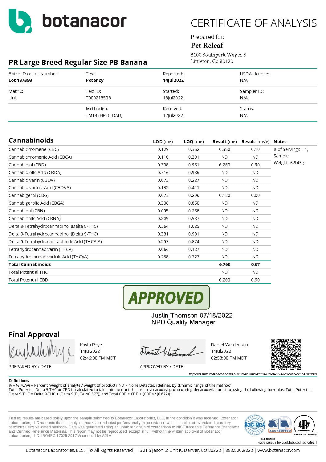 Pet Releaf Hip and Joint PB and Banana Small/Medium Breed Certificate of Analysis